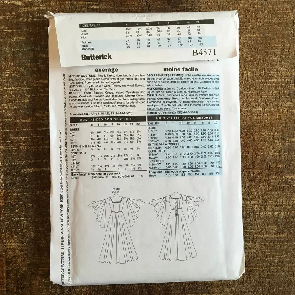Butterick Sewing Pattern B4571 Renaissance Medieval Dress Camelot Costume UNCUT